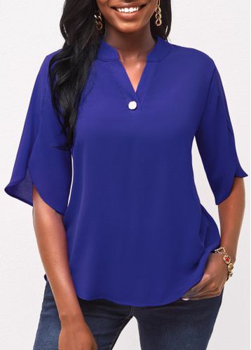 Split Neck Royal Blue Half Sleeve Blouse - unsigned - Modalova