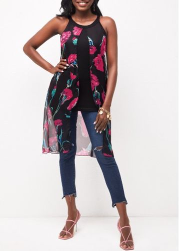Floral Print Rose Pink Chiffon Sleeveless Blouse - unsigned - Modalova