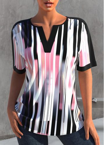 Split Neck Striped Color Block T Shirt - unsigned - Modalova