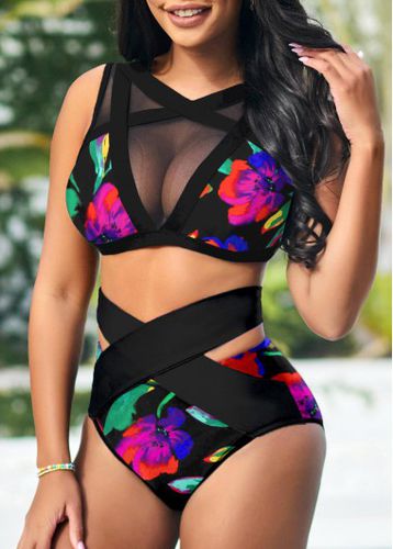 Mesh Stitching Floral Print High Waisted Bikini Set - unsigned - Modalova