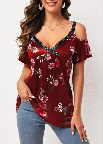 Strappy Cold Shoulder Floral Print Wine Red T Shirt - unsigned - Modalova