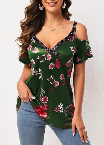 Strappy Cold Shoulder Floral Print Army Green T Shirt - unsigned - Modalova