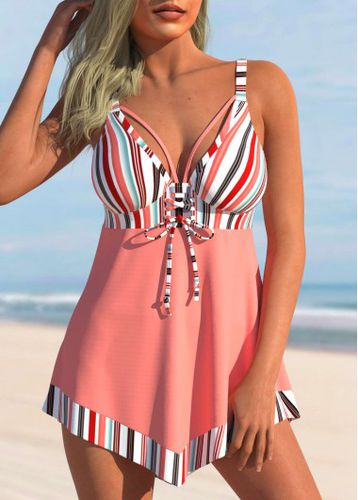 Striped Hanky Hem Bowknot Peach Pink Swimdress Top - unsigned - Modalova