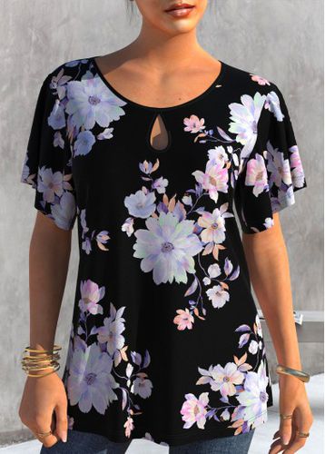 Floral Print Short Sleeve Black T Shirt - unsigned - Modalova