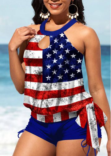 American Flag Print Bib Neck Cutout Tankini Set - unsigned - Modalova