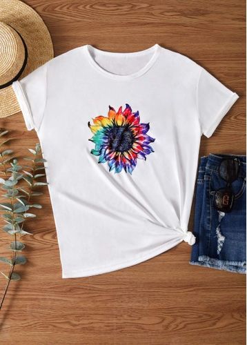 Round Neck Sunflower Print White T Shirt - unsigned - Modalova