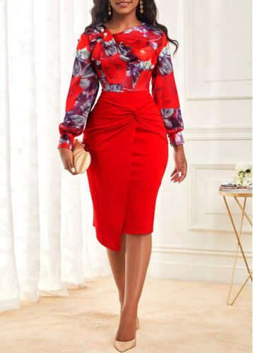 Wine Red Decorative Button Floral Print Dress - unsigned - Modalova