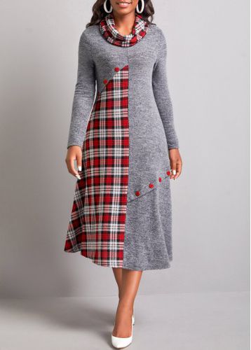 Dark Grey Button Tartan Print Dress - unsigned - Modalova