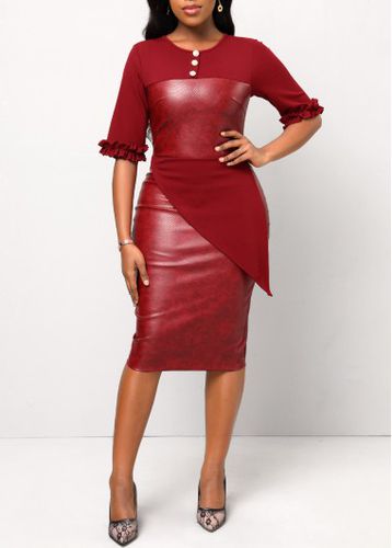 Wine Red Frill Button Half Sleeve Dress - unsigned - Modalova