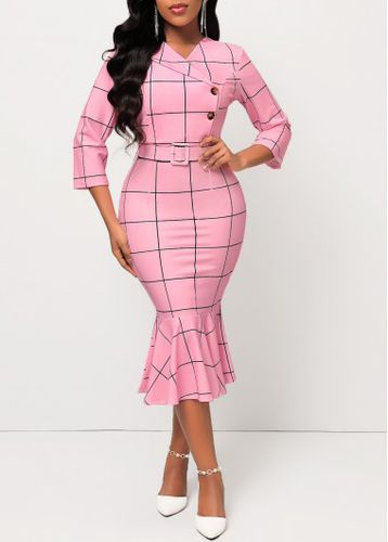 Pink Plaid Belted Button Mermaid Dress - unsigned - Modalova