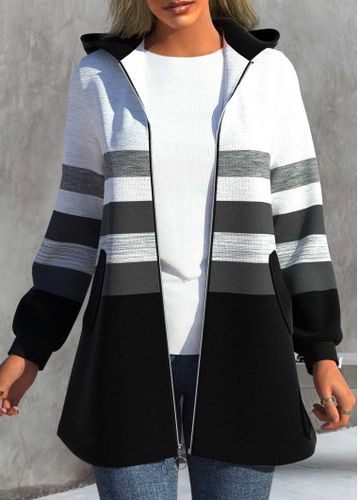 Black Zipper Striped Long Sleeve Hooded Jacket - unsigned - Modalova