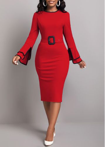Wine Red Contrast Binding Belted Bodycon Dress - unsigned - Modalova