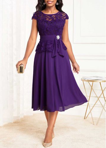 Purple Lace Cap Sleeve Round Neck Dress - unsigned - Modalova