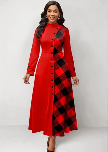 Red Patchwork Plaid Long Sleeve Maxi Dress - unsigned - Modalova