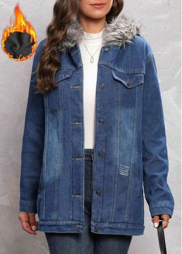 Denim Blue Fur Collar Long Sleeve Hooded Coat - unsigned - Modalova