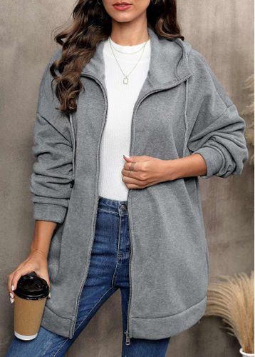 Grey Zipper Long Sleeve Hooded Coat - unsigned - Modalova