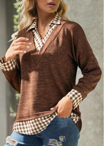 Dark Coffee Fake 2in1 Plaid Long Sleeve Sweatshirt - unsigned - Modalova