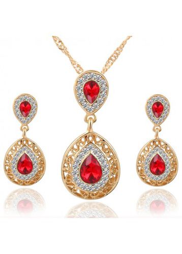 Red Teardrop Rhinestone Design Hollow Earrings and Necklace - unsigned - Modalova
