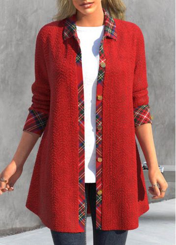 Red Button Plaid Long Sleeve Shirt Collar Coat - unsigned - Modalova