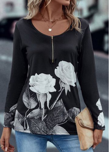 Black Zipper Floral Print Long Sleeve T Shirt - unsigned - Modalova