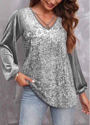 Silver Sequin Long Sleeve V Neck T Shirt - unsigned - Modalova