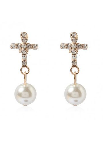 Silvery White Pearl Round Metal Earrings - unsigned - Modalova