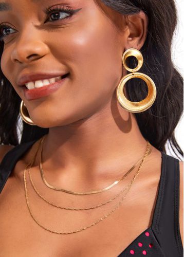 Double Circle Design Metal Detail Gold Earrings - unsigned - Modalova