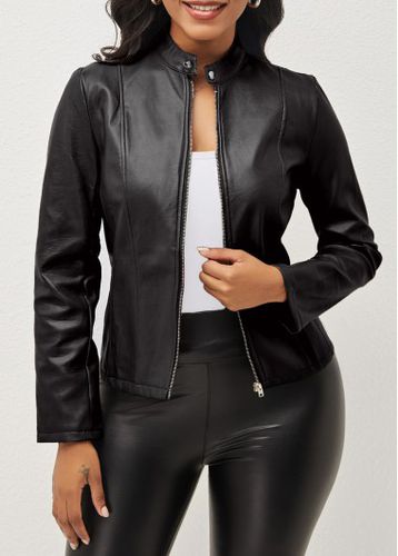 Black Zipper Long Sleeve Stand Collar Jacket - unsigned - Modalova