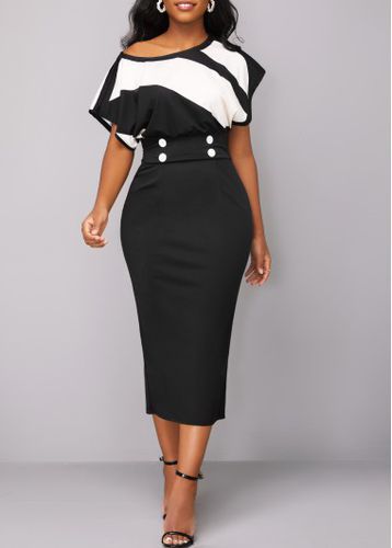 Black Button Geometric Print Short Sleeve Bodycon Dress - unsigned - Modalova