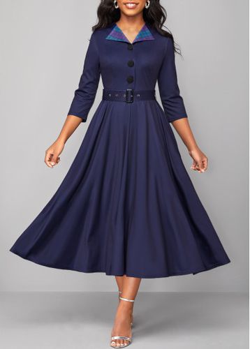 Navy Button Turn Down Collar Plaid Belted Dress - unsigned - Modalova