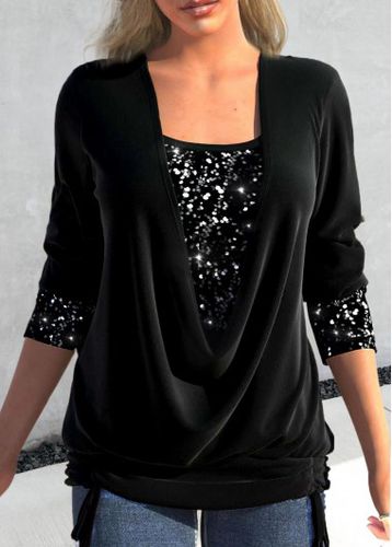 Black Sequin Long Sleeve Square Neck T Shirt - unsigned - Modalova