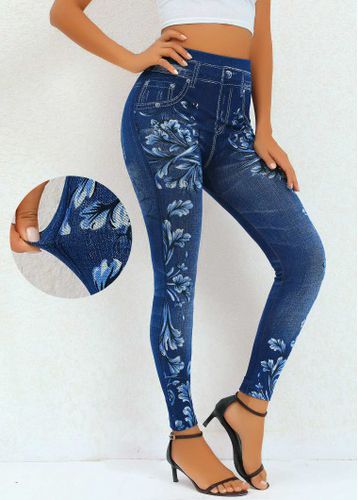 Navy Floral Print High Waisted Ankle Length Leggings - unsigned - Modalova