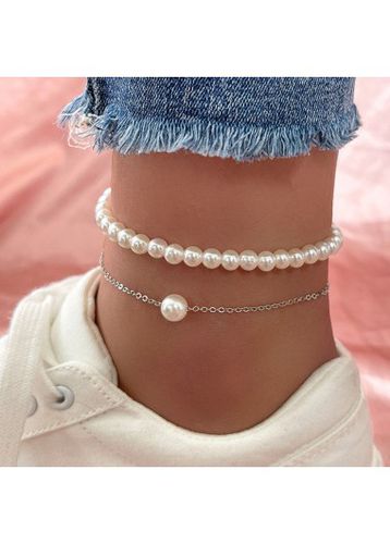 Silver Round Pearl Design Layered Anklet Set - unsigned - Modalova