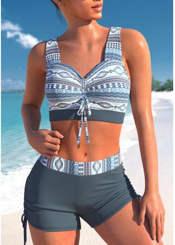 Criss Cross Tribal Print Dusty Blue Bikini Top - unsigned - Modalova