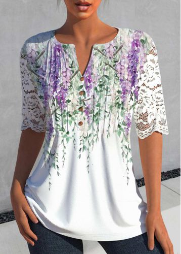 White Lace Floral Print Half Sleeve Blouse - unsigned - Modalova
