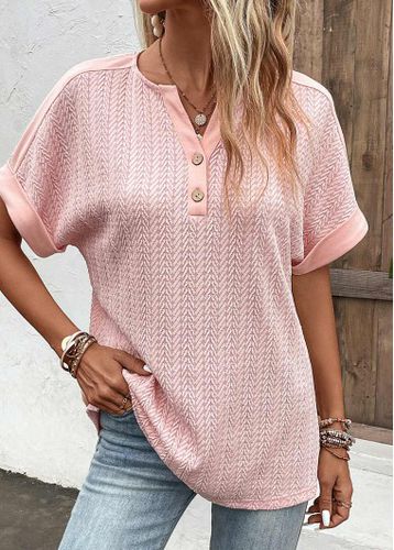 Dusty Pink Button Short Sleeve Split Neck Blouse - unsigned - Modalova