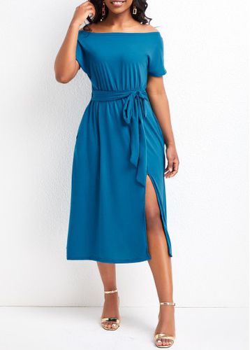 Sky Blue Split Short Sleeve Off Shoulder Dress - unsigned - Modalova