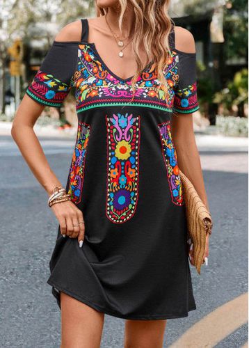 Black Cut Out Tribal Print Short Dress - unsigned - Modalova