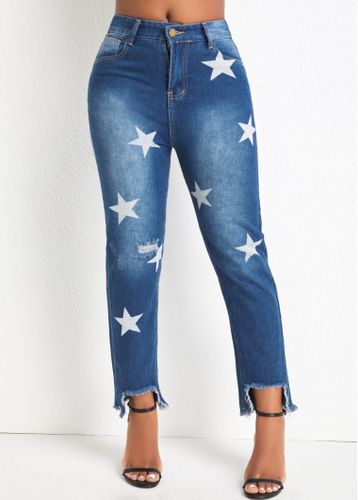Denim Blue Pocket Star Print Regular Jeans - unsigned - Modalova