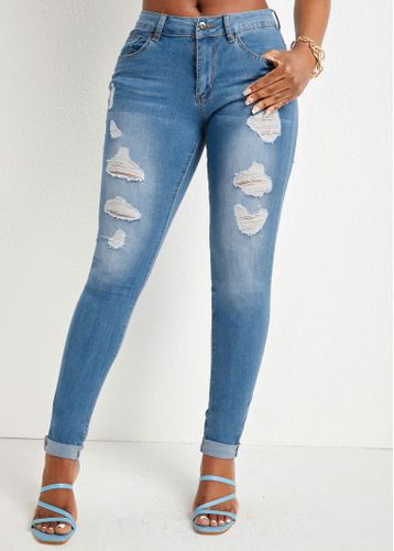 Denim Blue Hole Skinny Zipper Fly Jeans - unsigned - Modalova