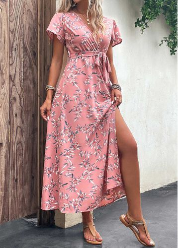 Pink Split Leaf Print Belted Maxi Dress - unsigned - Modalova