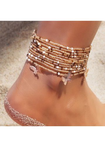 Gold Butterfly Beads Detail Layered Anklet Set - unsigned - Modalova