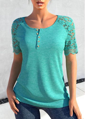 Turquoise Lace Short Sleeve Round Neck T Shirt - unsigned - Modalova