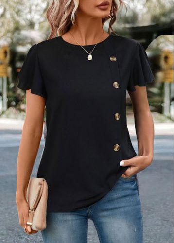Black Button Short Sleeve Round Neck T Shirt - unsigned - Modalova
