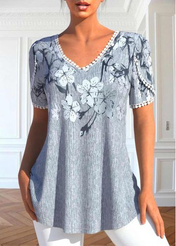 Grey Patchwork Floral Print Short Sleeve T Shirt - unsigned - Modalova