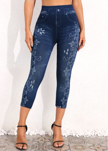 Denim Blue Floral Print High Waisted Leggings - unsigned - Modalova