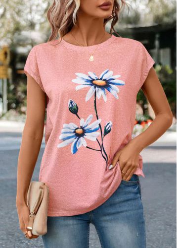 Pink Floral Print Short Sleeve T Shirt - unsigned - Modalova