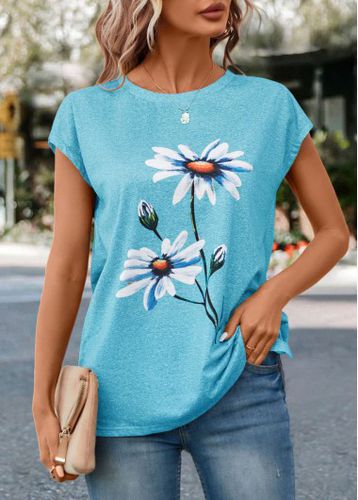 Sky Blue Floral Print Short Sleeve T Shirt - unsigned - Modalova