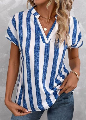 Denim Blue Lightweight Striped Short Sleeve Blouse - unsigned - Modalova