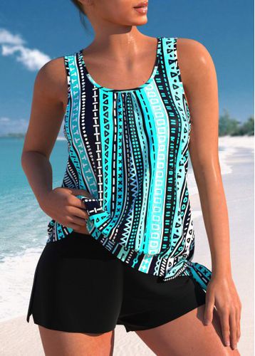 Bowknot Mid Waisted Geometric Print Cyan Tankini Set - unsigned - Modalova